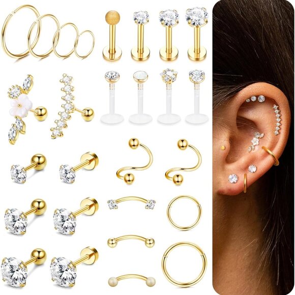 27Pcs Stainless Steel Cartilage Earrings Set for Women Tragus Helix Rook. - Picture 1 of 8